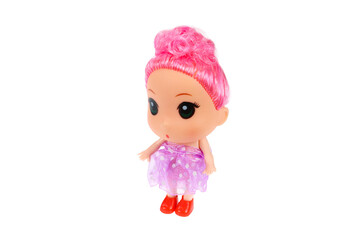 Fototapeta premium A doll with pink hair. On a white background, isolated.