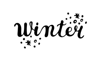 Winter handwritten text with snow, isolated on white background. Vector illustration