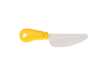A plastic toy knife with a yellow handle. On a white background, isolated
