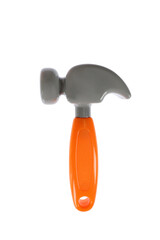 A toy plastic hammer with an orange handle. On a white background, isolated