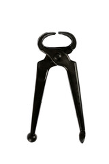 Black plastic toy forceps. On a white background, isolated