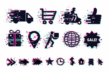 Delivery icons set. Shipping service vector signs collection. Glitch style clip art. GUI elements for mobile app.