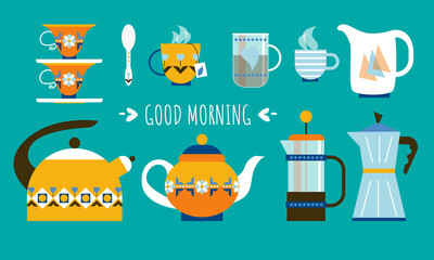 Vector illustration with different teapots and cups and lettering. Isolated on green background.