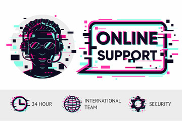 Online support vector background. Man operator portrait. Glitch style illustration. Chat bot concept.