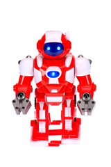 Red toy robot. On a white background, isolated