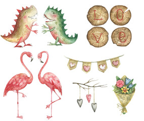 Watercolor valentine's day set with illustration of cute dinosaurs, flamingos, flags with hearts, a bouquet of flowers and a wooden lettering LOVE