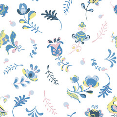 Fototapeta na wymiar Vector seamless pattern with flowers and bird in Scandinavian style.