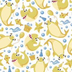 Baby Shark birthday seamless pattern - cartoon birthday party seamless digital paper, vector nursery cute nautical or undersea animal background for kids textile, scrapbooking, wrapping paper