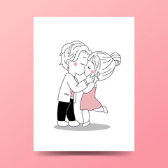 Cute couple in love kissing. Valentine's day greeting card. Hand drawn doodle Flat style vector clip art.
