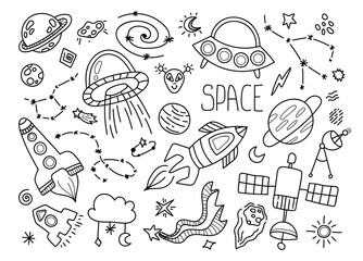 Space black and white doodle set - hand drawn line isolated items with space, stars, galaxy, constellation, ufo, planet, cute vector kids elements for design on white background