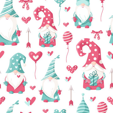 Valentine cartoon gnome seamless pattern - cute valentine day characters for kids, nursery dwarfs endless digital paper in pink and peppermint color, background for textile, scrapbooking, wrapping