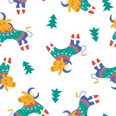 Fototapeta premium The symbol of the new year 2021 is a bull. Seamless vector pattern.