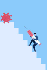 Conceptual illustration of an expert carrying a big syringe with Covid-19 vaccine going up step by to succeed in vaccination.