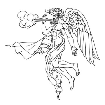 north wind Boreas, Greek god in drapery, flying on wings, mythological character, weather concept, vector illustration with black ink lines isolated on white background in cartoon and hand drawn style