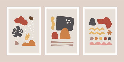 A collection of three abstract backgrounds. Hand drawing various shapes and doodle objects. Trendy modern contemporary vector illustration. Every background is isolated. Pastel color