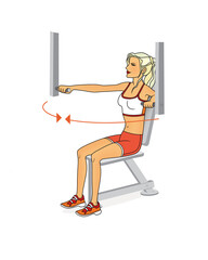 Girl is training at home. Stretching the muscles of the arms and spine. Exercises with power trainer. Isolated on a white background