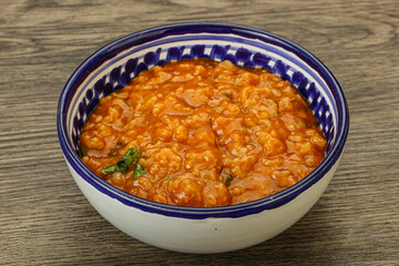 Traditional Georgian Kharcho soup with meat