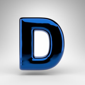 Letter D uppercase on white background. Blue chrome 3D letter with glossy surface.