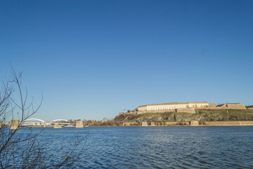 Novi Sad, Serbia - December 27. 2020: Panorama of the Petrovaradin fortress on the bank of the Danube. Novi Sad, Serbia 