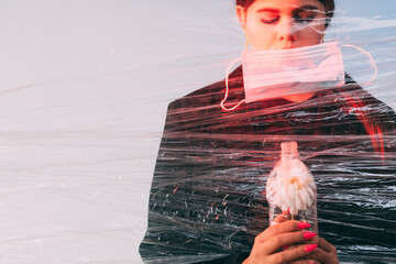 Pandemic self isolation. Defocused art portrait. Covid-19 funeral. Sorrow grief. Devastated woman...