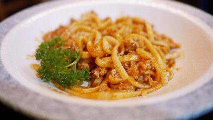 Stir fried noodle with ground pork and spicy sauce 