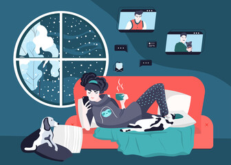 The girl lies on the couch and communicates on social networks with friends on the phone. Winter holidays, spending time at home online. Vector illustration