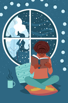 Young African American woman is resting, reading a book and drinking a cup of tea. The girl is sitting at the window with a winter landscape. Vector illustration