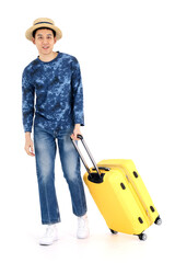 Asian tourists walking with suitcase. Stylish man walking with suitcase on white. Journey, Travel concept