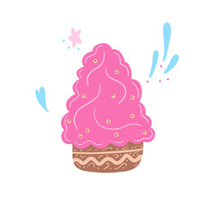 Hand drawn cake with cream, biscuit isolated on a white background. Illustration in a simple flat style. Sweet treat for the holiday. It can be used for decoration of textile, paper.