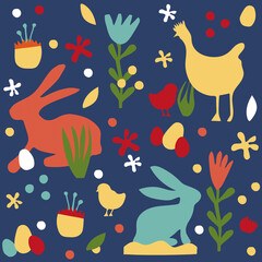 Papercut collage with bunnies, flowers and chickens, Easter  and spring greetings, in pastel retro colors on blue background