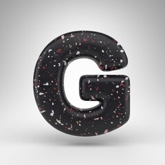 Letter G uppercase on white background. 3D letter with black terrazzo pattern texture.