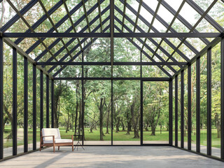 Transparent house empty room inside with nature view 3d render, polished concrete floor, glass walls and roof, looking out to see nature, sunlight into room.