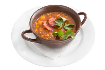 Solyanka on a white background. Restaurant serving concept. Isolated.