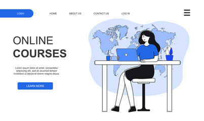 Landing page template for online courses, distance education, Internet studying, training. Education Concept, training young female. Internet student. Woman studying on laptop.