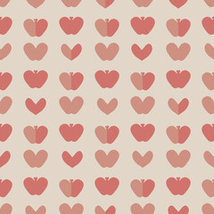 Pink apples and hearts seamless vector pattern. Cute surface print design for fabrics, stationery, scrapbook paper, valentines cards, backgrounds, textiles, wallpaper, and natural products packaging.