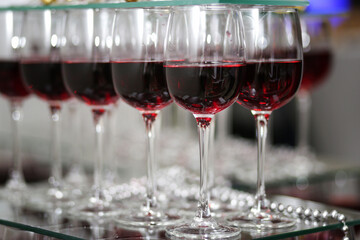 close view on glasses of wine. Luxury table for a Banquet. Table set for a party