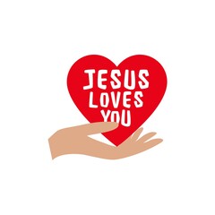 Jesus Loves You sign. Lettering, calligraphy in shape heart isolated on white background