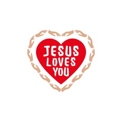 Jesus Loves You sign. Lettering, calligraphy in shape heart isolated on white background