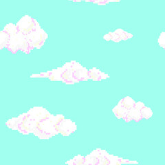 seamless vector pattern with 8 bit clouds isolated on blue background. Pixel art pattern
