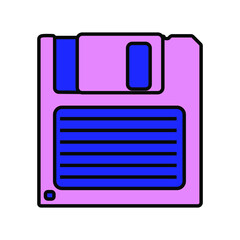 Vector illustration of diskette icon in pink and blue colours isolated on white background. 