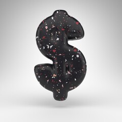 Dollar symbol on white background. 3D sign with black terrazzo pattern texture.