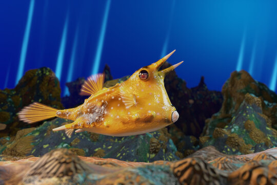 3d rendering close-up shot of Longhorn cowfish (Lactoria cornuta) underwater in shallow reefs sea background.