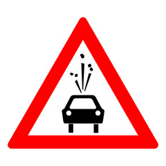 Road sign of rock slide. Rock fall warning sign. Red triangle and silhouette of a black car illustration