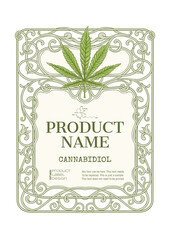 Cannabis Template for product label, cosmetic packaging. Easy to edit. In art nouveau style, vintage, old, retro style. Isolated on white background..