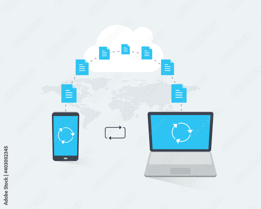 Aufkleber technology infographic template with a laptop and a smartphone transferring documents through the cl