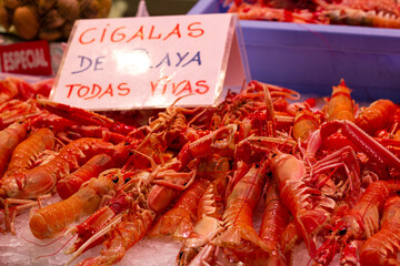Fresh live crawfish on ice in seafood store at Central market (Mercado Central or Mercat Central)