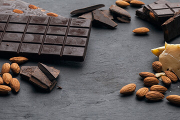 Raw chocolate bars with nuts. chocolate background