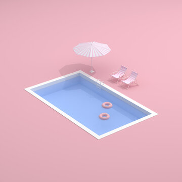 Top view of pool on pink background. Minimal scene. 3D rendering.