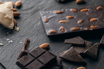 Raw chocolate bars with nuts. chocolate background