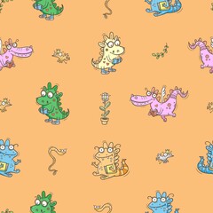 Seamless pattern with  cute smart dragons on orange background. Funny crocodiles wallpaper. Reading reptile poster. Vector doodle line art. Illustration for children. Books and studying print.